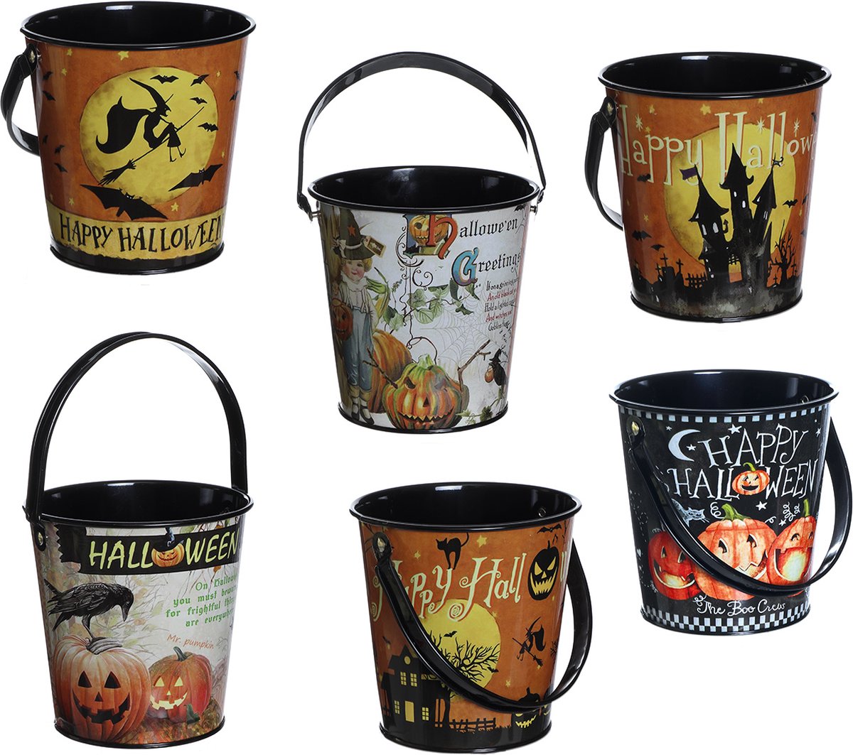 6x metalen snoepemmer halloween RVS decoratie snoep ophalen